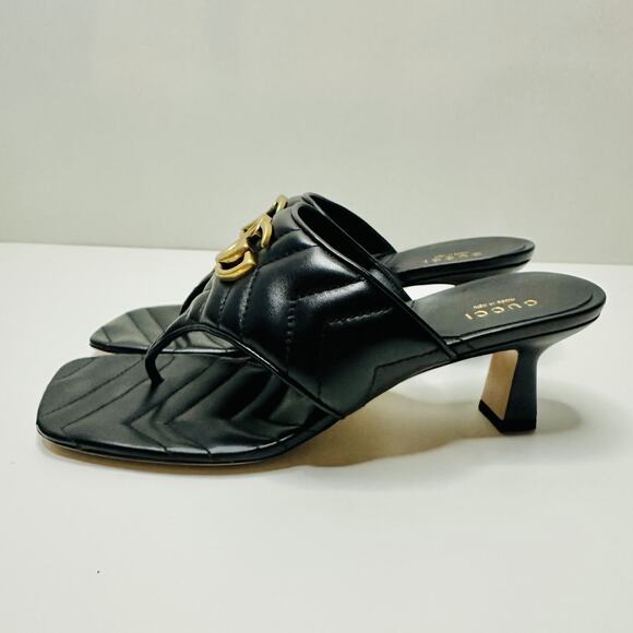 Gucci Marmont Chevron Double G 37/ US 7 Thong Heel Sandals Black Leather NIB - Picture 8 of 15